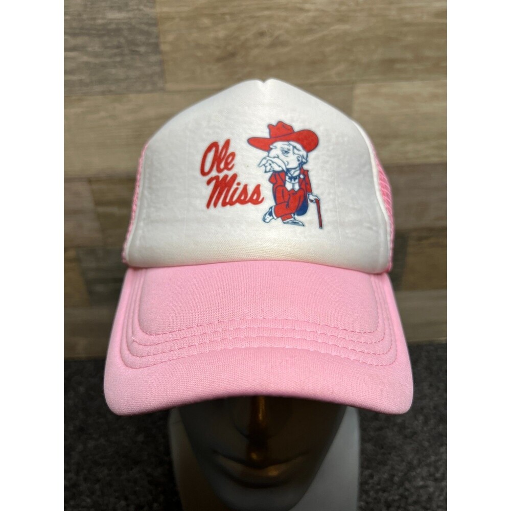 Vintage Ole Miss Rebels Colonel Reb Pink Snapback Trucker Hat Mississippi Cap